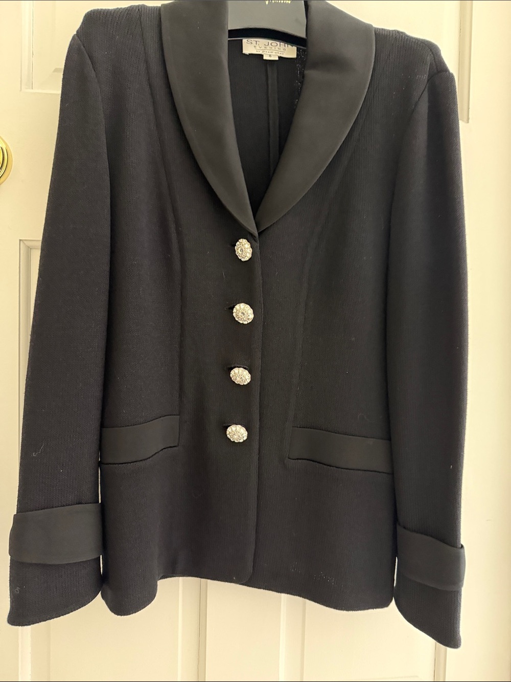 St. John Black Knit BLAZER and Maxi SKIRT with Satin Shawl Collar-Size 6